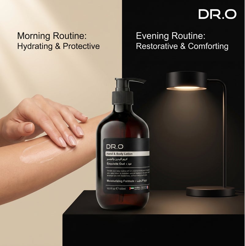DR.O Premium Hand & Body Lotion | 500ml | Exquisite Oud Scent |Luxury Moisturising Body Cream | Shea Butter Aloe Vitamin E | Hydrating Lotion For Soft Smooth Skin Daily Use | French Formula & UAE Made - Image 3