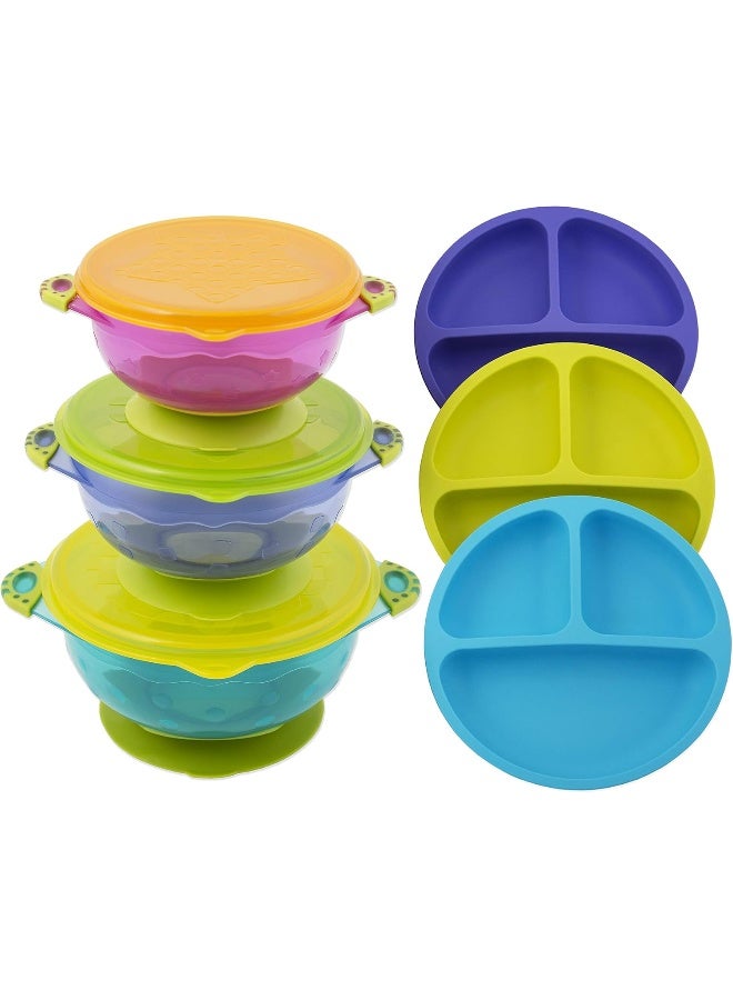 EVLA'S Toddler Plates And Bowls Baby Bowls With Suction In 3 Different Sizes W/Air Tight Lid Divided Silicone Plate Unbreakable, Easy Clean & Perfect For Fussy Eaters Baby Feeding Set - Image 1