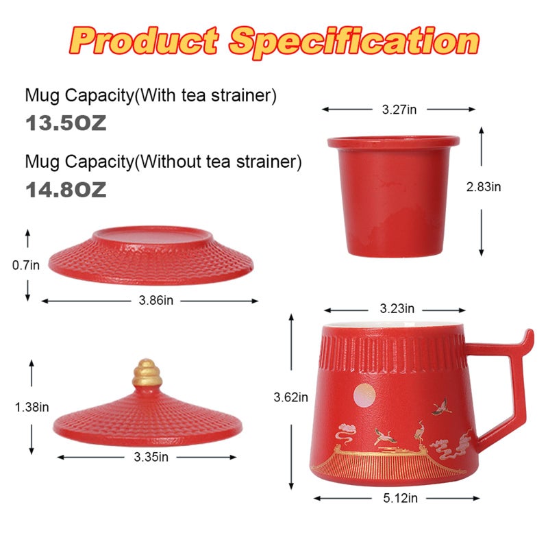 Coolpei Tea Cup with Infuser and Lid,Loose Leaf Tea Steeper Cup 14.8oz Ceramic tea Infuser Mug Travel Large Steeping Cup Diffusers Mugs with Fine Strainer and Handle - Image 5