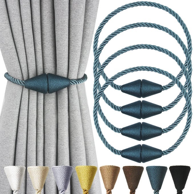 4 PACK MAGNETIC CURTAIN TIEBACKS ROPE MODERN HANDMADE CURTAIN TIE BACKS DECORATIVE DRAPES WEAVE HOLDBACKS FOR WINDOW DCOR BLUE