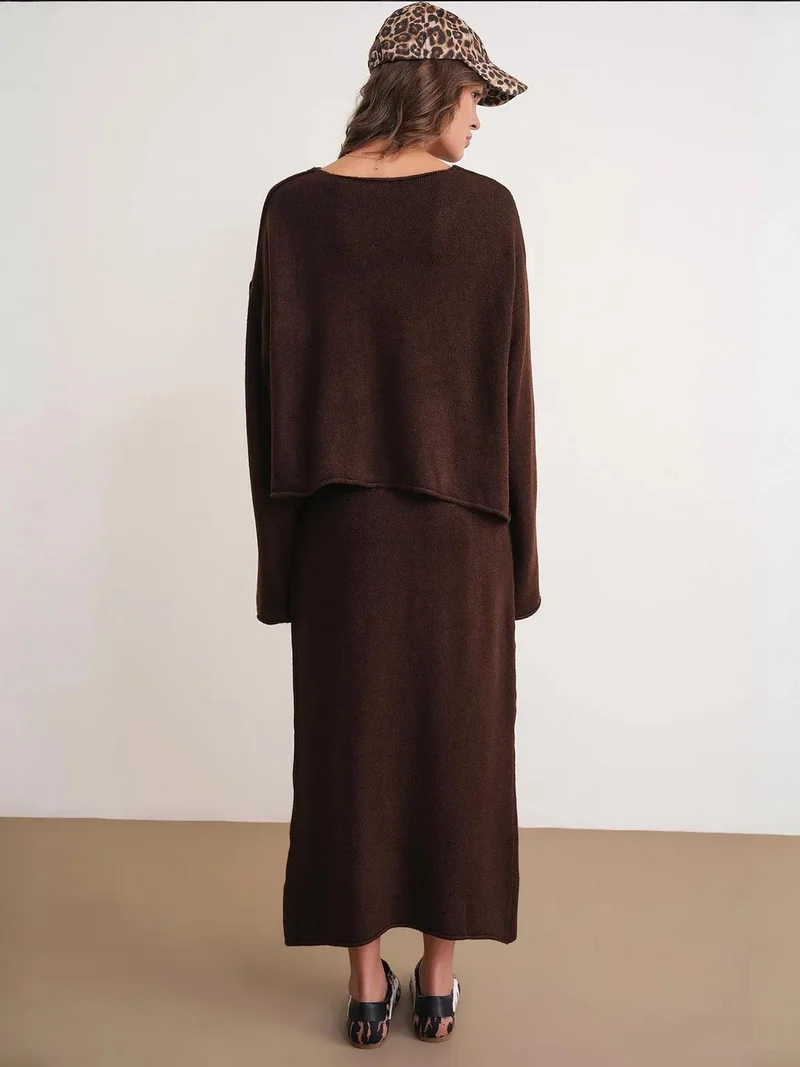 MixRay Coffee Brown Mixray V-neck Knitwear Sweater & Skirt Co-ord Set for Women | Best Price UAE