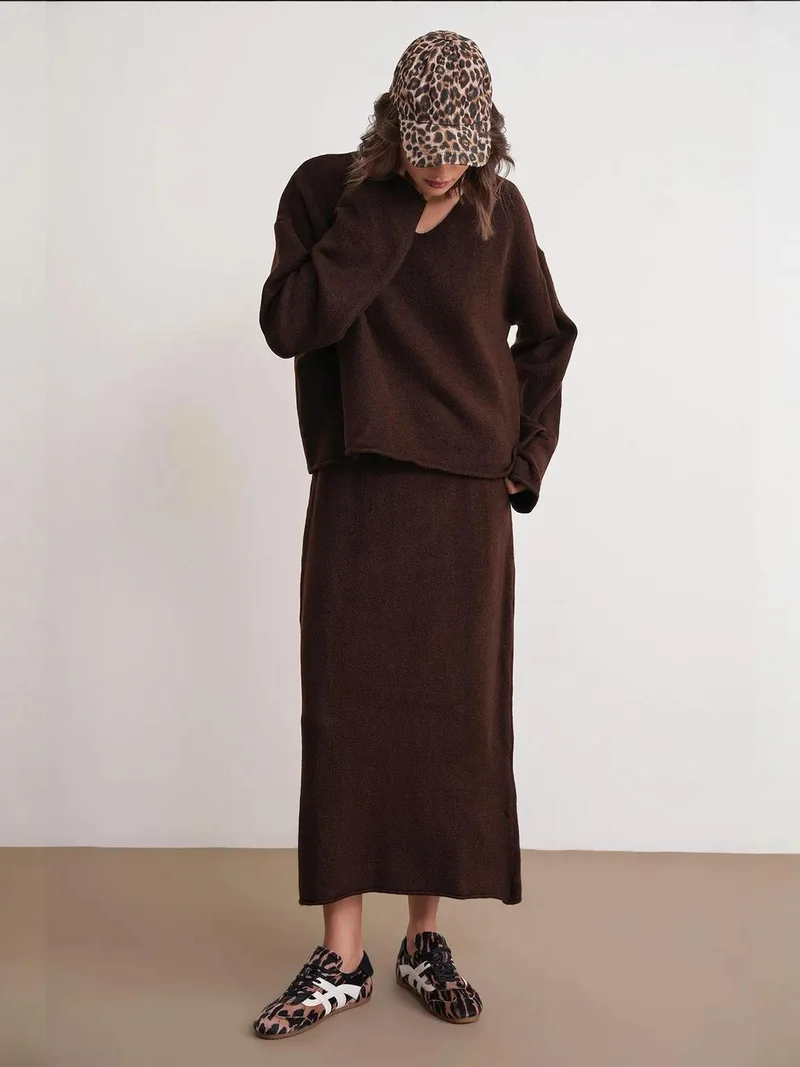 MixRay Coffee Brown Mixray V-neck Knitwear Sweater & Skirt Co-ord Set for Women | Best Price UAE