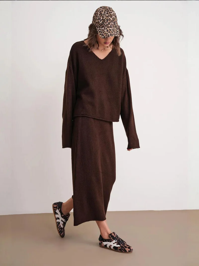 MixRay Coffee Brown Mixray V-neck Knitwear Sweater & Skirt Co-ord Set for Women | Best Price UAE