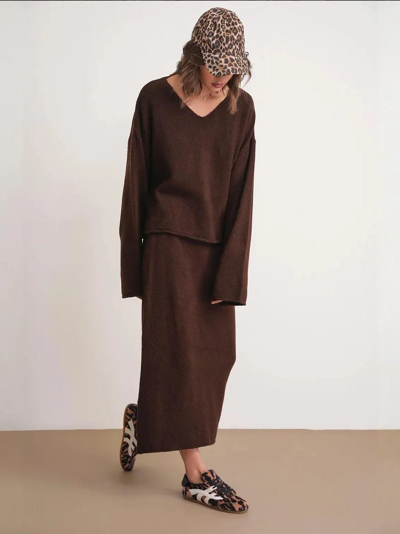 MixRay Coffee Brown Mixray V-neck Knitwear Sweater & Skirt Co-ord Set for Women | Best Price UAE