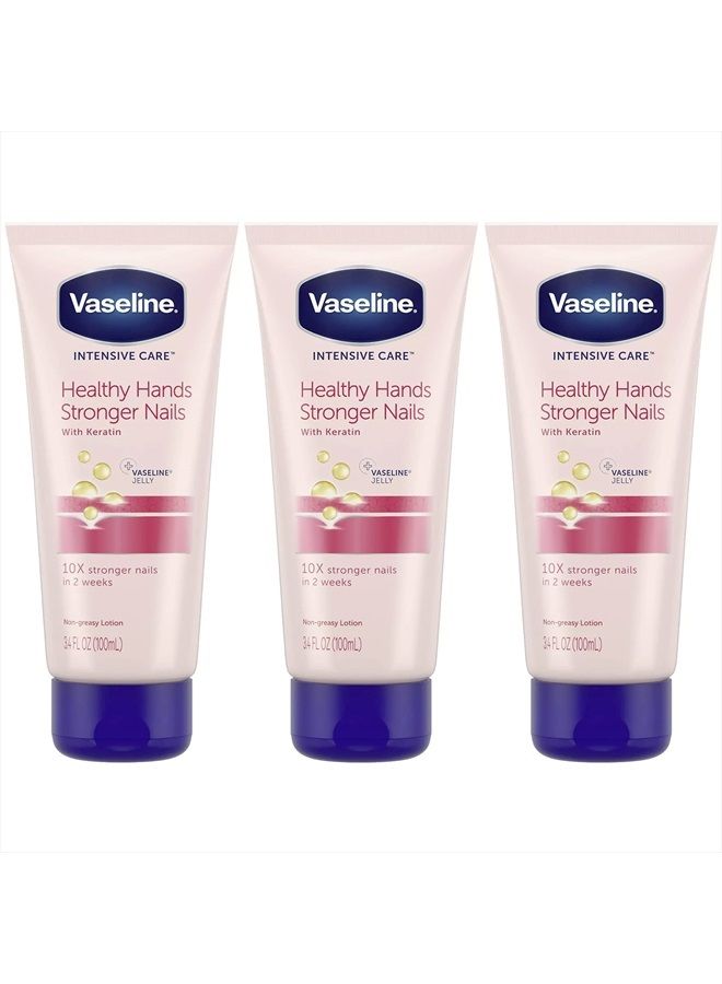 Vaseline لوسيون العناية المكثفة لليدين الصحية والأظافر الأقوى مع الكيراتين، فيتامين E، يرطب البشرة والجلد المحيط بالأظافر، لوسيون غير معطر، 3.4 أونصة سائلة (عبوة من 3) - Image 1