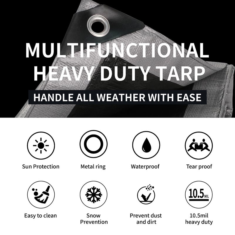 Tarpal Small Tarps 4X6 Feet(2-Pack) Heavy Duty Tarp 10.5Mil Multipurpose Protective Cover Waterproof Snow Or Uv Protection Durable Reinforced Edges Silver/Black - Image 2