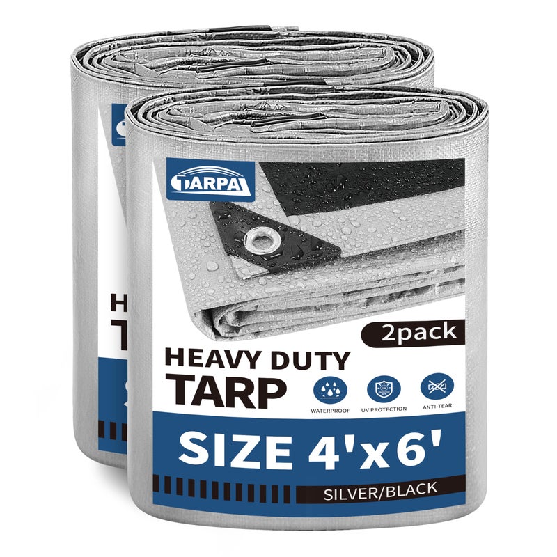 Tarpal Small Tarps 4X6 Feet(2-Pack) Heavy Duty Tarp 10.5Mil Multipurpose Protective Cover Waterproof Snow Or Uv Protection Durable Reinforced Edges Silver/Black - Image 1