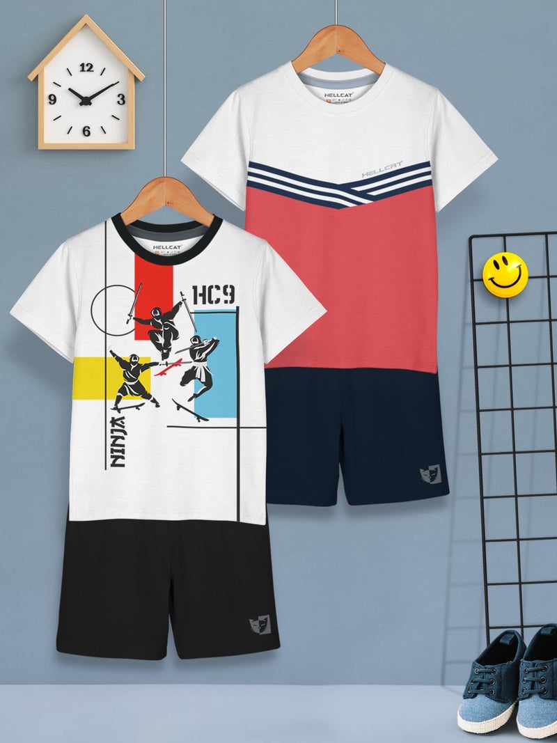 HELLCAT Boys Dress Clothing Set Combo with Tshirts & Shorts - Pack 2 White/Coral 1-2 Years - Image 2
