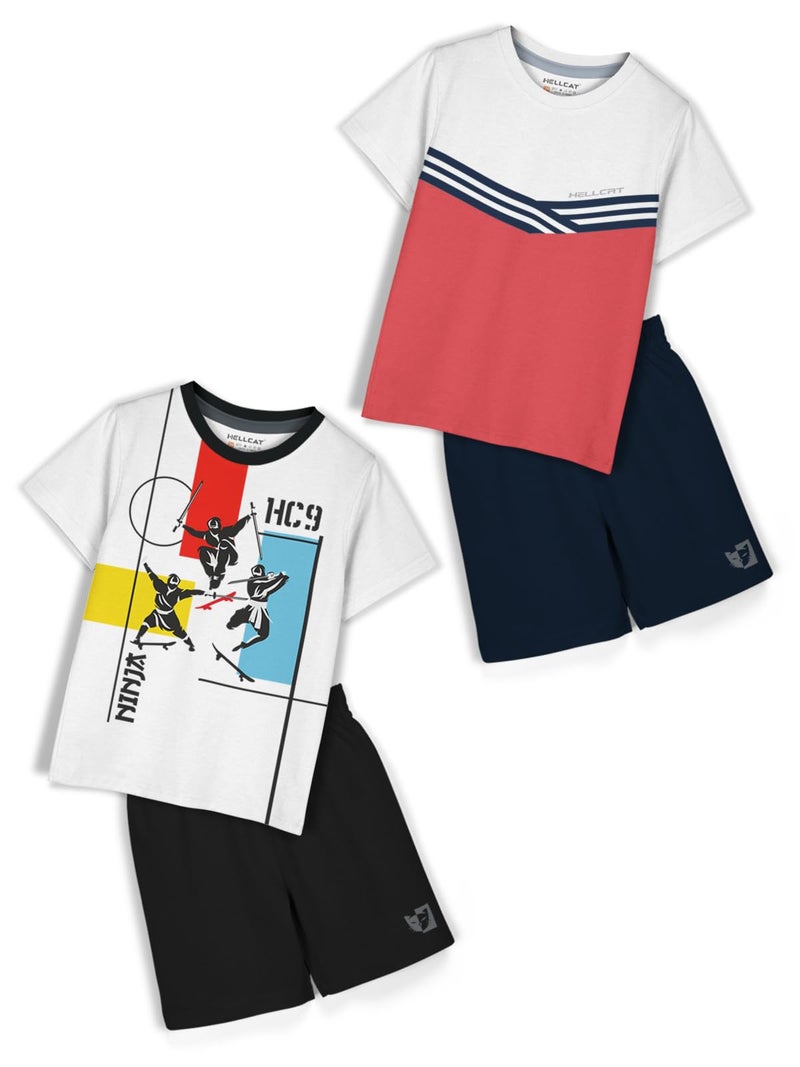 HELLCAT Boys Dress Clothing Set Combo with Tshirts & Shorts - Pack 2 White/Coral 1-2 Years - Image 1