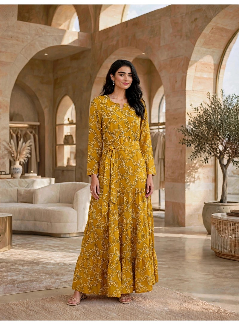IKKXA Tiered Floral Print Belted Jalabiya IK30Yellow - Image 1