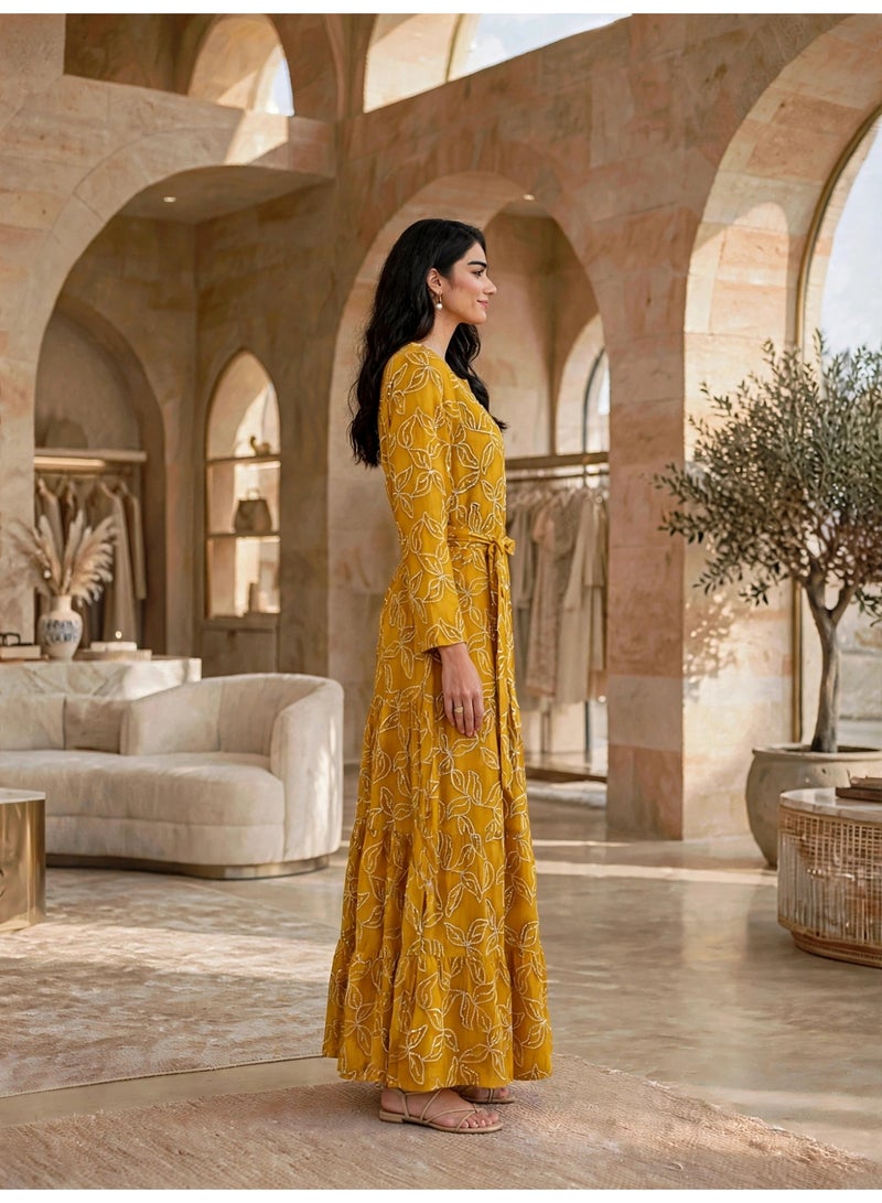 IKKXA Tiered Floral Print Belted Jalabiya IK30Yellow - Image 3