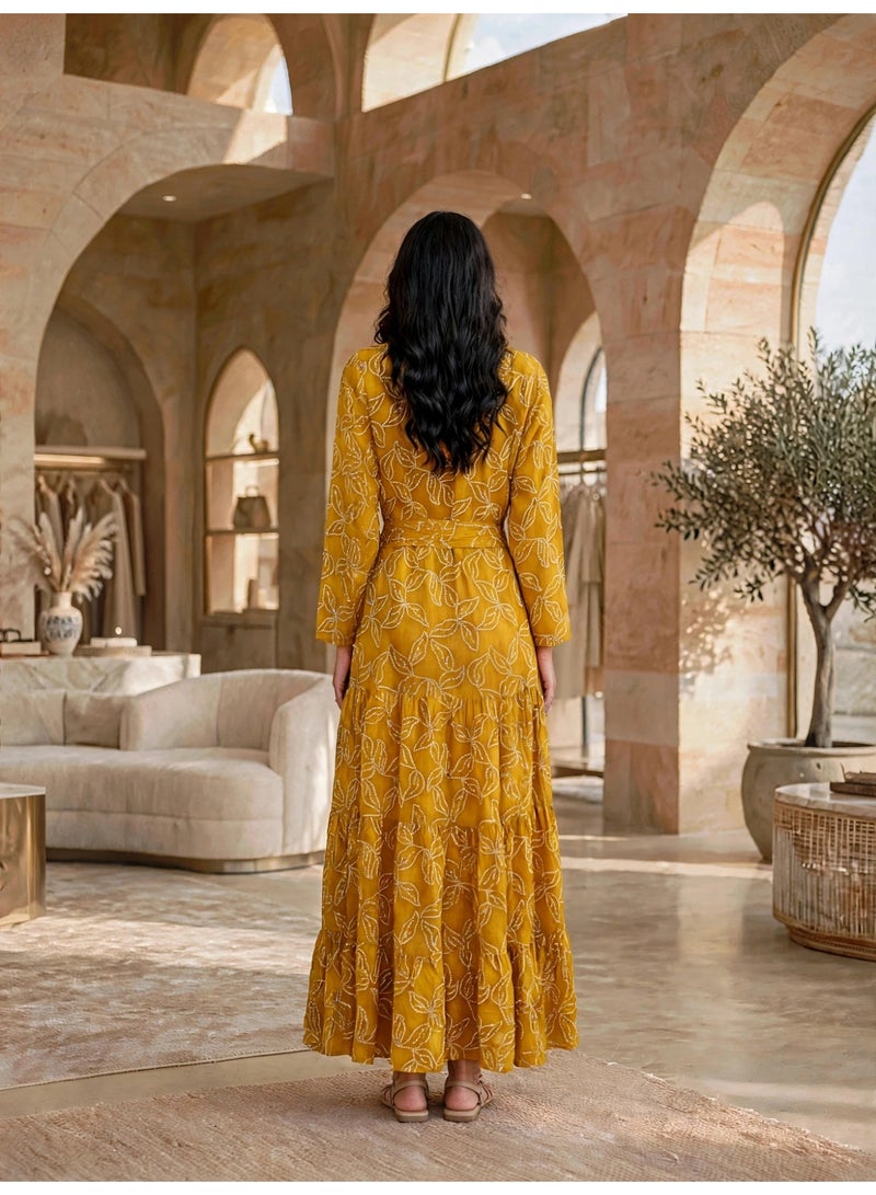 IKKXA Tiered Floral Print Belted Jalabiya IK30Yellow - Image 5
