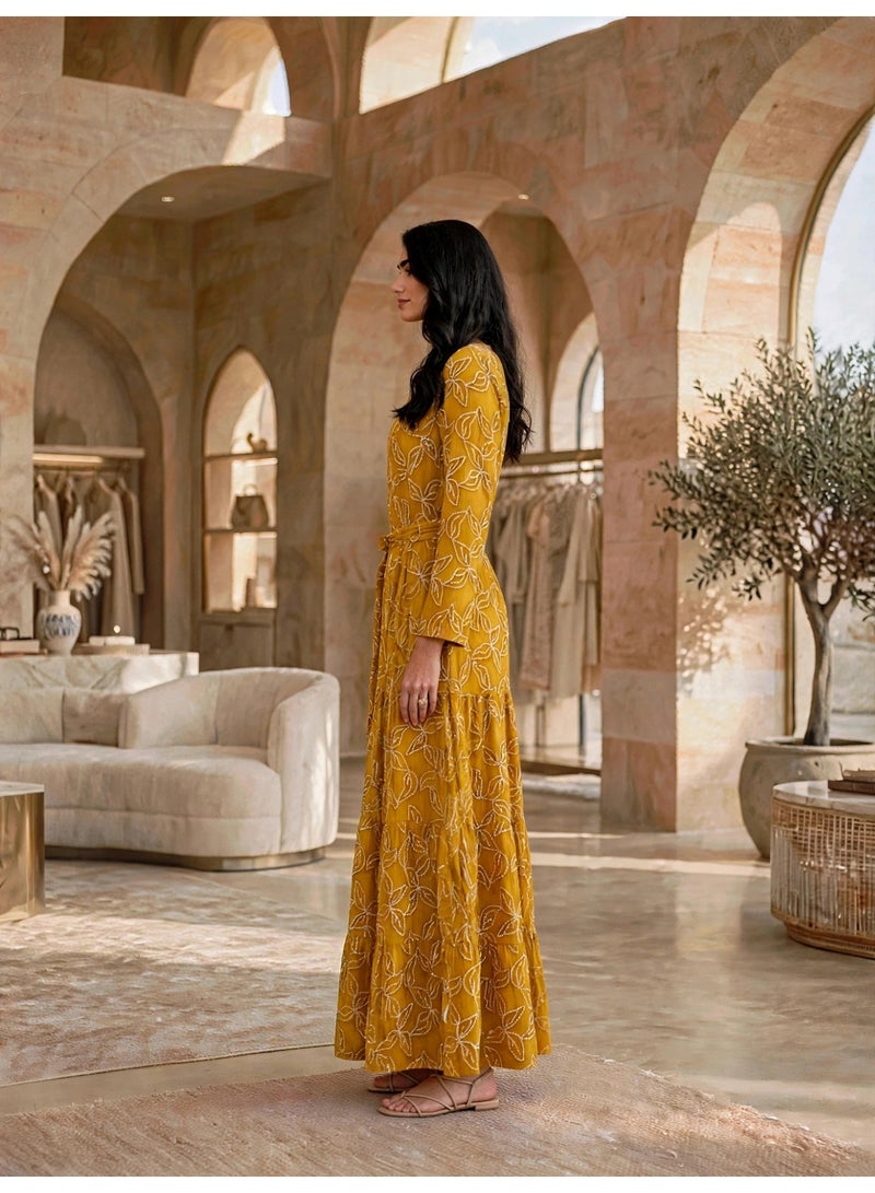 IKKXA Tiered Floral Print Belted Jalabiya IK30Yellow - Image 4