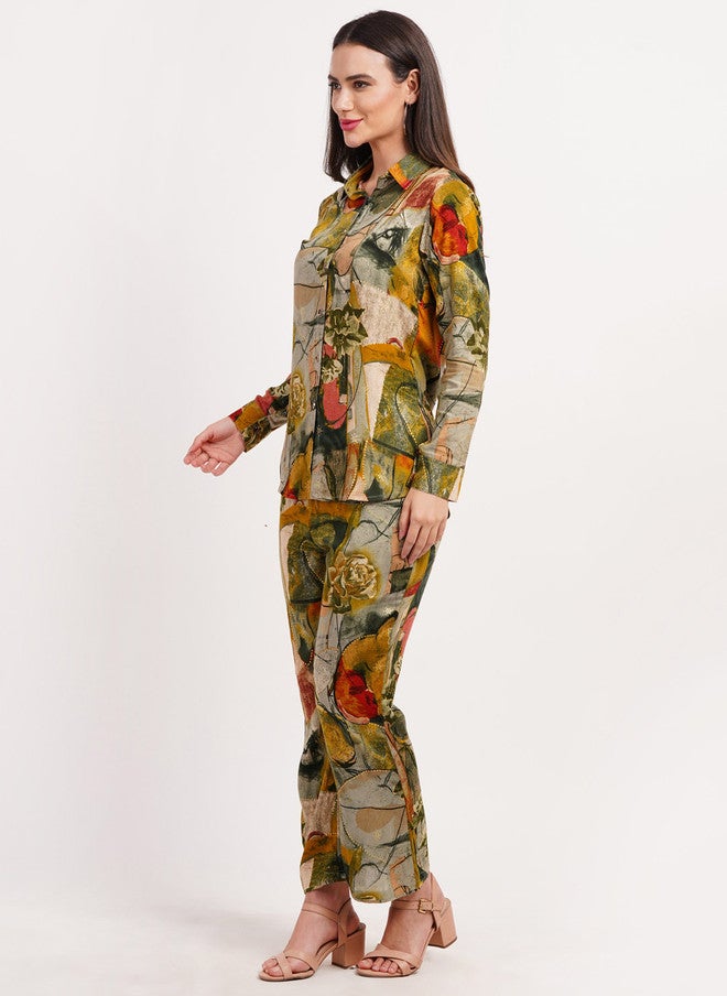 FIMS قميص بأكمام طويلة مطبوع بتصميم تجريدي مع بنطلون بالازو - Image 4