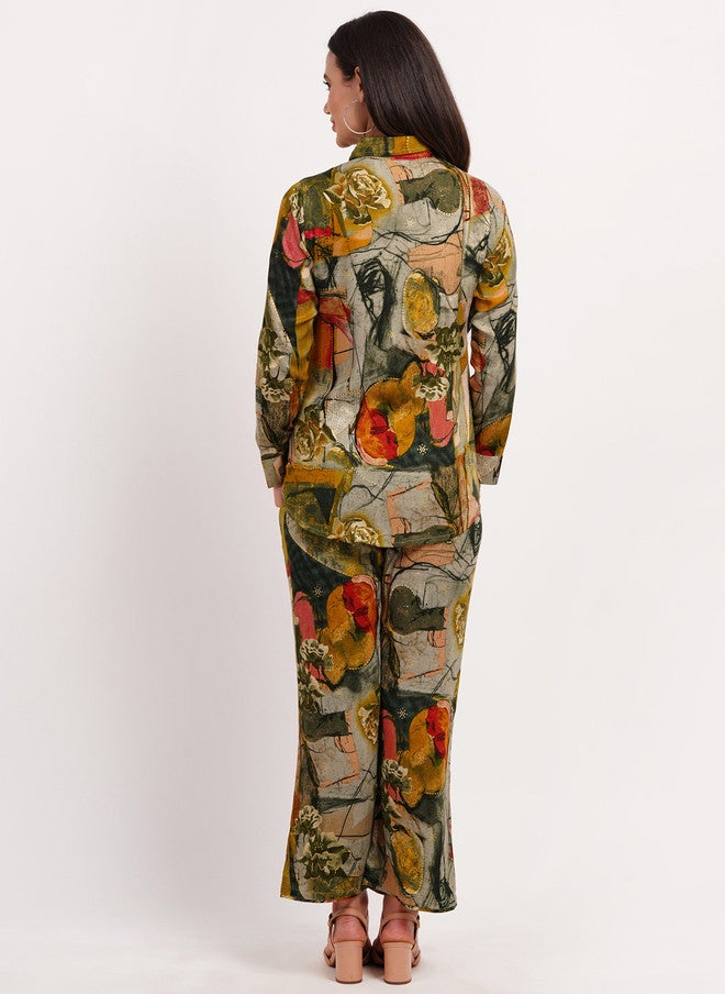 FIMS قميص بأكمام طويلة مطبوع بتصميم تجريدي مع بنطلون بالازو - Image 5