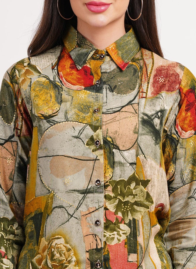 FIMS قميص بأكمام طويلة مطبوع بتصميم تجريدي مع بنطلون بالازو - Image 2