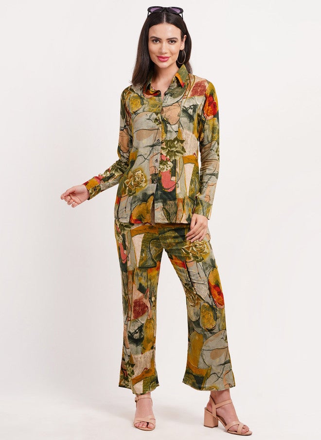 FIMS قميص بأكمام طويلة مطبوع بتصميم تجريدي مع بنطلون بالازو - Image 1