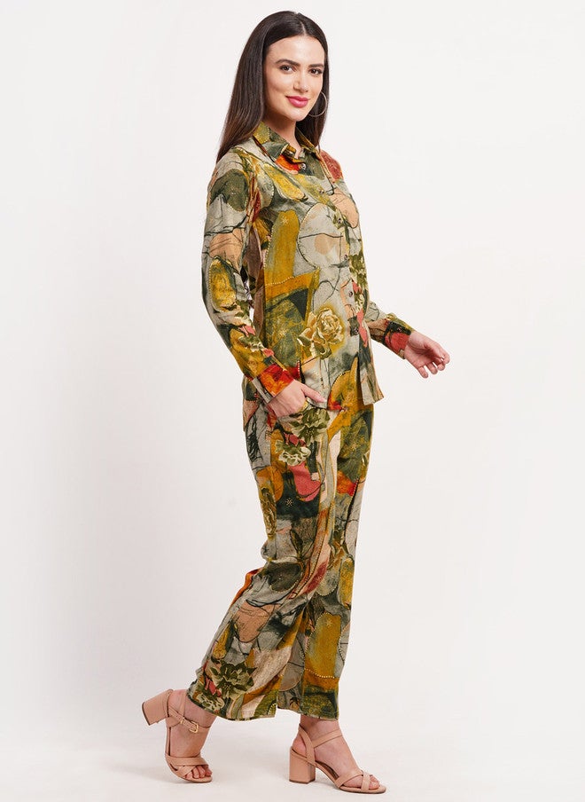 FIMS قميص بأكمام طويلة مطبوع بتصميم تجريدي مع بنطلون بالازو - Image 3