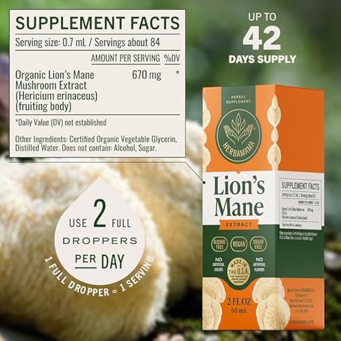 HERBAMAMA Lions Mane Mushroom Supplement – Brain Supplements for Memory and Focus – Lions Mane Tincture – Brain Health* Supplement for Adults – Vegan, Non-GMO, Alcohol & Sugar-Free, 42-Day Supply - Image 3