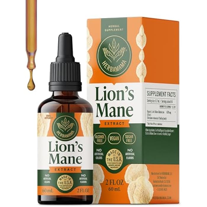 HERBAMAMA Lions Mane Mushroom Supplement – Brain Supplements for Memory and Focus – Lions Mane Tincture – Brain Health* Supplement for Adults – Vegan, Non-GMO, Alcohol & Sugar-Free, 42-Day Supply - Image 1