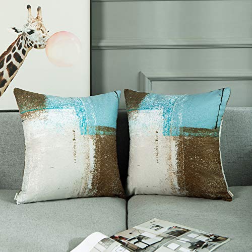 Britimes Throw Pillow Covers Modern Home Art Decor, 16 x 16 Inches Set of 2 Pillow Cases Decorative, Abstract Oil Painting Pillowcases for Bedroom, Living Room, Cushion Couch Sofa, Beige Blue - Image 3