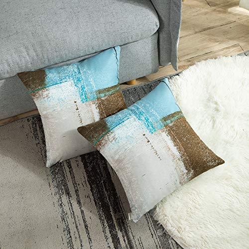 Britimes Throw Pillow Covers Modern Home Art Decor, 16 x 16 Inches Set of 2 Pillow Cases Decorative, Abstract Oil Painting Pillowcases for Bedroom, Living Room, Cushion Couch Sofa, Beige Blue - Image 4