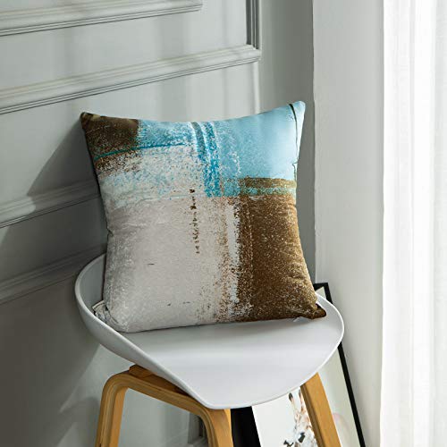 Britimes Throw Pillow Covers Modern Home Art Decor, 16 x 16 Inches Set of 2 Pillow Cases Decorative, Abstract Oil Painting Pillowcases for Bedroom, Living Room, Cushion Couch Sofa, Beige Blue - Image 2