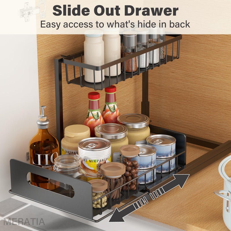 MERATIA 2 Pack Under Sink Organizer, 2 Tier Pull Out Cabinet Organizer,Slide out Metal Cabinet Organizers Multi-Purpose Drawer Shelf for Kitchen Bathroom Pantry Cabinet Closet Organization Rack,Black - Image 3