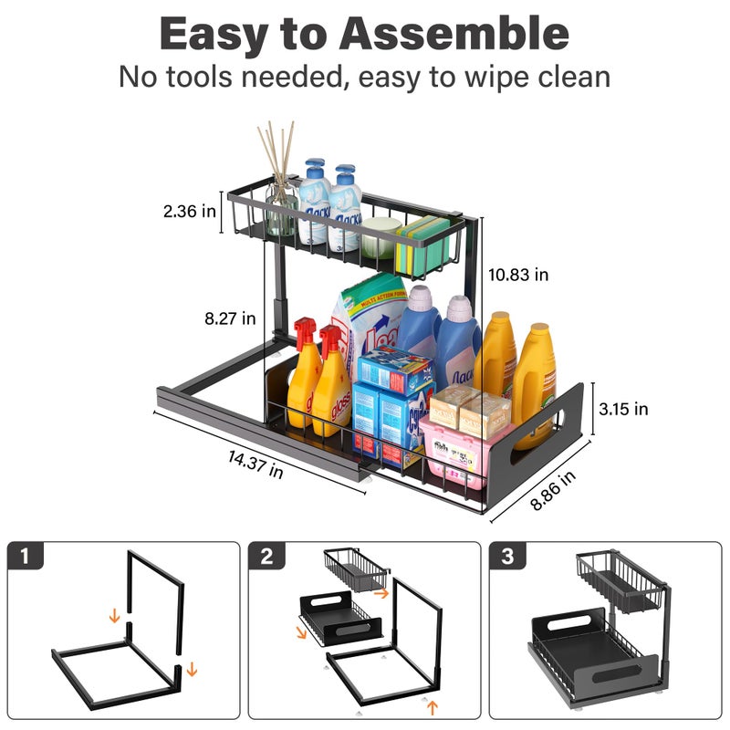 MERATIA 2 Pack Under Sink Organizer, 2 Tier Pull Out Cabinet Organizer,Slide out Metal Cabinet Organizers Multi-Purpose Drawer Shelf for Kitchen Bathroom Pantry Cabinet Closet Organization Rack,Black - Image 2