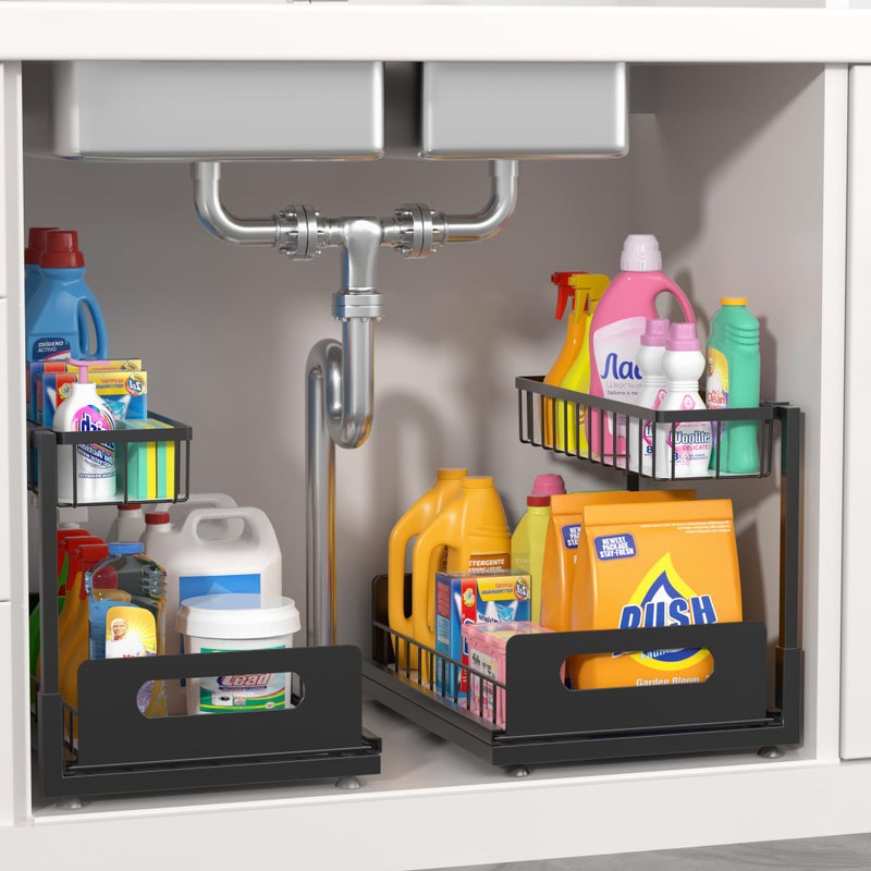 MERATIA 2 Pack Under Sink Organizer, 2 Tier Pull Out Cabinet Organizer,Slide out Metal Cabinet Organizers Multi-Purpose Drawer Shelf for Kitchen Bathroom Pantry Cabinet Closet Organization Rack,Black - Image 1