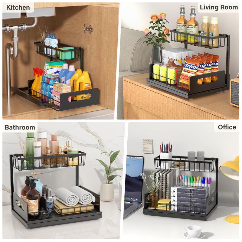 MERATIA 2 Pack Under Sink Organizer, 2 Tier Pull Out Cabinet Organizer,Slide out Metal Cabinet Organizers Multi-Purpose Drawer Shelf for Kitchen Bathroom Pantry Cabinet Closet Organization Rack,Black - Image 5