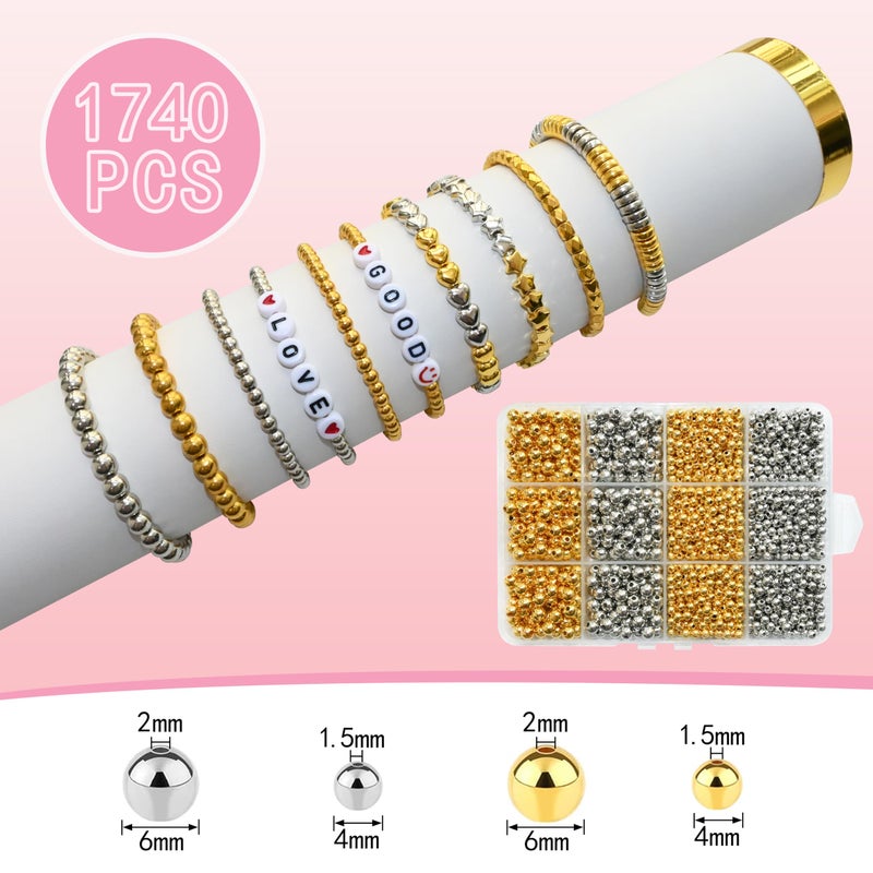 Looconi 1740pcs Spacer Beads 4mm and 6mm,Gold and Silver Assorted Round Beads for Bracelet Jewelry Making - Image 2