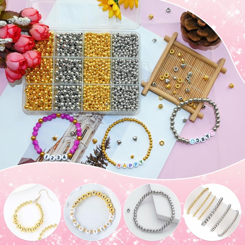 Looconi 1740pcs Spacer Beads 4mm and 6mm,Gold and Silver Assorted Round Beads for Bracelet Jewelry Making - Image 4