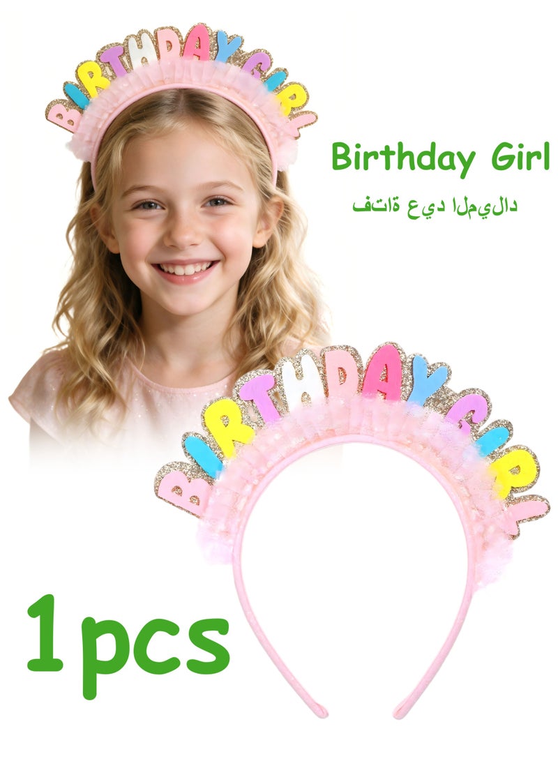 Pink Glitter Happy Birthday Crown Headband, Letter Tiara Hair Accessory for Girls Women Birthday Party Decor & Gift - Image 1