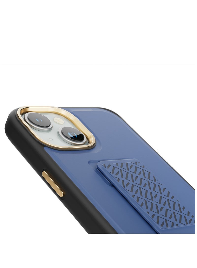 LEVELO iPhone 15  Case Morphix Cuero Grip stand Back Cover / Built-In Grip / Shock-Proof Edges / Multi-Positioning Modes - Blue - Image 4
