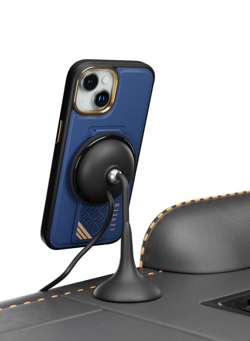LEVELO iPhone 15  Case Morphix Cuero Grip stand Back Cover / Built-In Grip / Shock-Proof Edges / Multi-Positioning Modes - Blue - Image 5