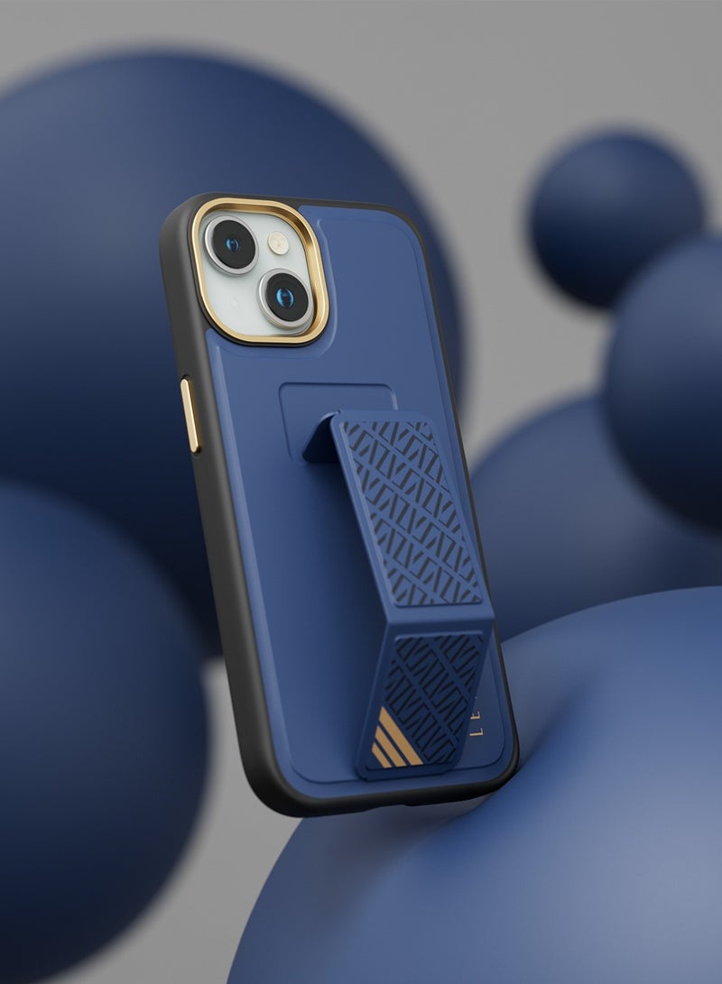 LEVELO iPhone 15  Case Morphix Cuero Grip stand Back Cover / Built-In Grip / Shock-Proof Edges / Multi-Positioning Modes - Blue - Image 3