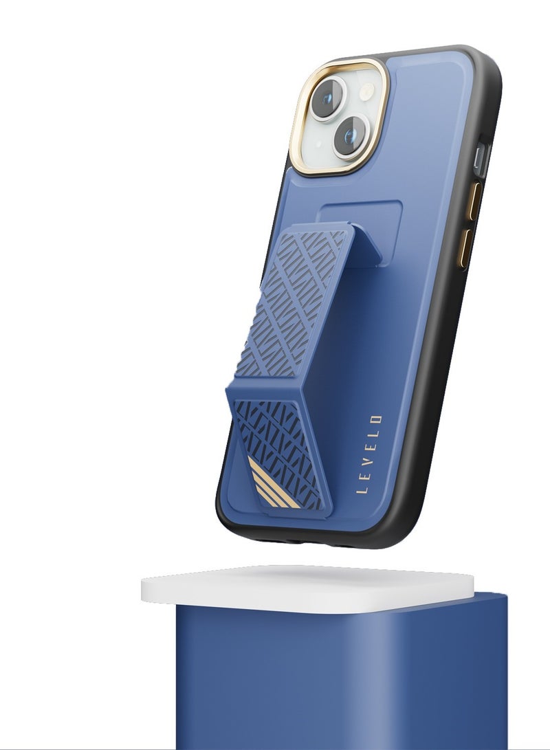LEVELO iPhone 15  Case Morphix Cuero Grip stand Back Cover / Built-In Grip / Shock-Proof Edges / Multi-Positioning Modes - Blue - Image 2