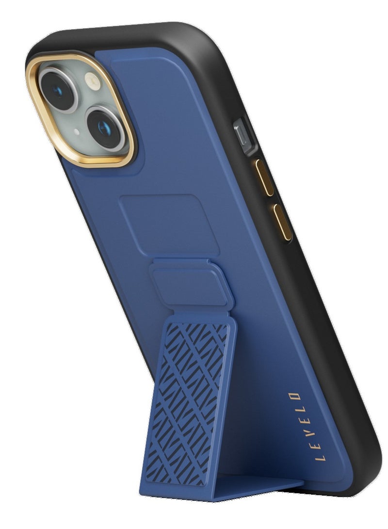 LEVELO iPhone 15  Case Morphix Cuero Grip stand Back Cover / Built-In Grip / Shock-Proof Edges / Multi-Positioning Modes - Blue - Image 1