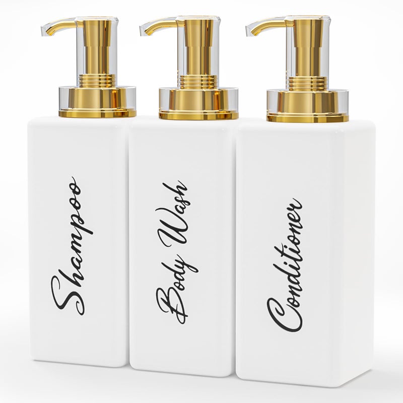 Akalin Refillable Shampoo and Conditioner Bottles 16oz White and Gold Soap Dispenser Bathroom Shampoo and Conditioner Dispenser for Bathroom Lotion Body Wash Massage Oils White