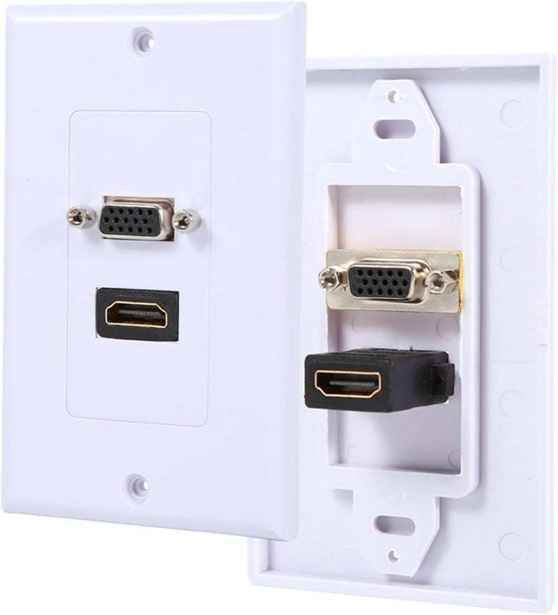 لوحة الحائط VGA من Denash، تصميم عملي متين بميناء مزدوج، غطاء لوحة الحائط VGA الأبيض، لمعدات الصوت أو الفيديو، فتحات تركيب قياسية - Image 3