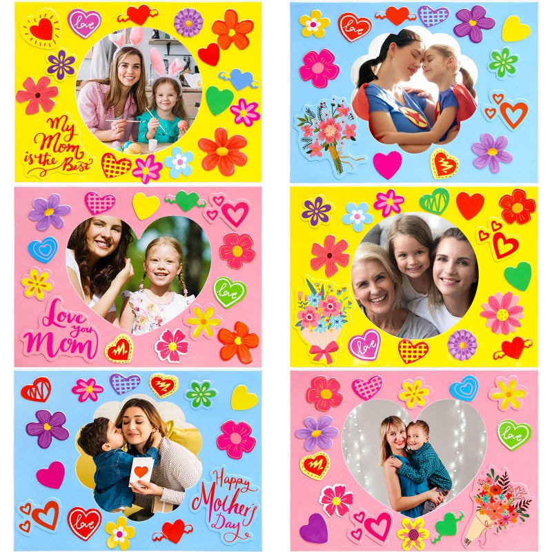 Mothers Day Picture Frame Crafts Kits for Kids Happy Mothers Day DIY Foam Photo Frame Craft Gifts with Heart Flower Stickers for Spring Party Classroom Activities 12Pack