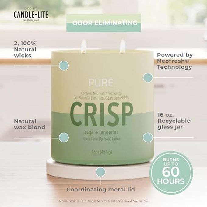 CANDLE-LITE Pure Sage & Tangerine Odor Eliminating Scented Candles, Neofresh Technology Eliminates 99.9% of Odors, 16 oz 2-Wick Jar, Proudly Poured in The USA, Up to 60 Hours Burn Time - Image 5