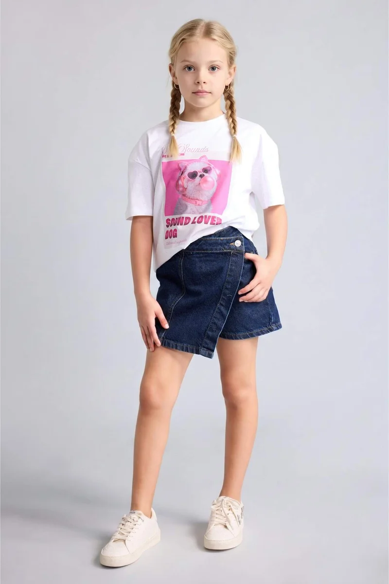 ديفاكتو Girl Printed Crew Neck Short Sleeve T-Shirt