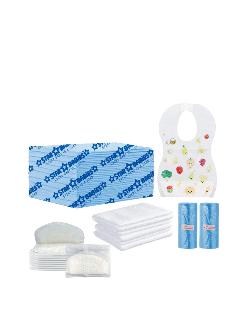 Star Babies Disposable Packs (Changing mat 10pcs, Bibs 10pcs, Breast Pad 10pcs, Towel 3pcs with  Scented Bag 2pcs (30bags)-Blue - Image 1