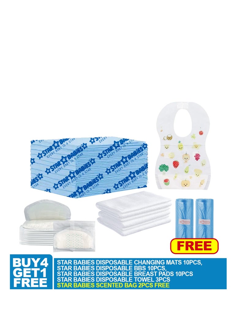 Star Babies Disposable Packs (Changing mat 10pcs, Bibs 10pcs, Breast Pad 10pcs, Towel 3pcs with  Scented Bag 2pcs (30bags)-Blue - Image 2