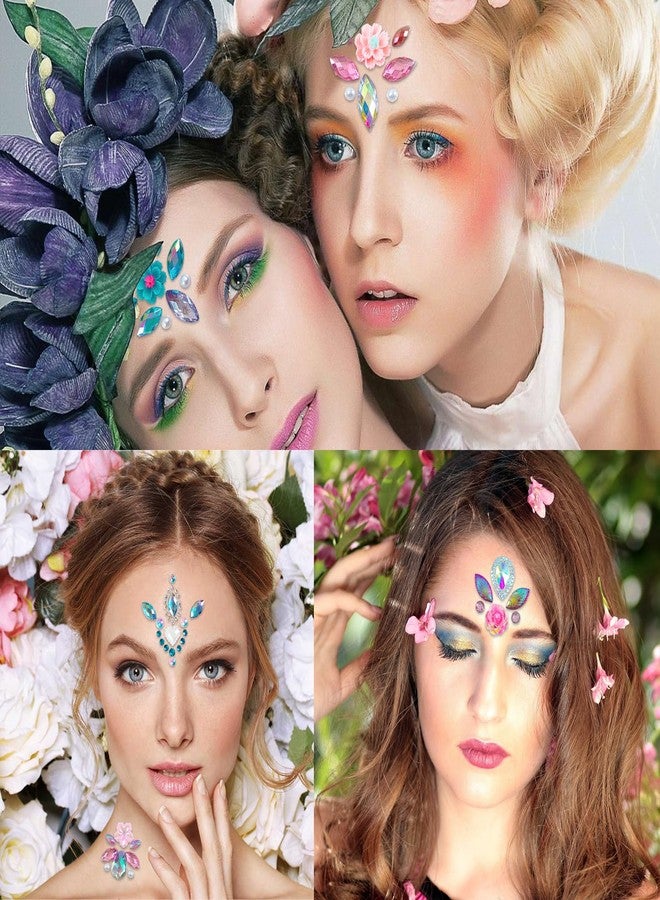 RUSTAMM 16Pcs Face Gems Stickers with Women Girls Diamond Forehead Sticker Rhinestones Pearl Spring Theme Flowers Decoration Festival Party Self-Adhesive DIY Body Art Decals - Image 2