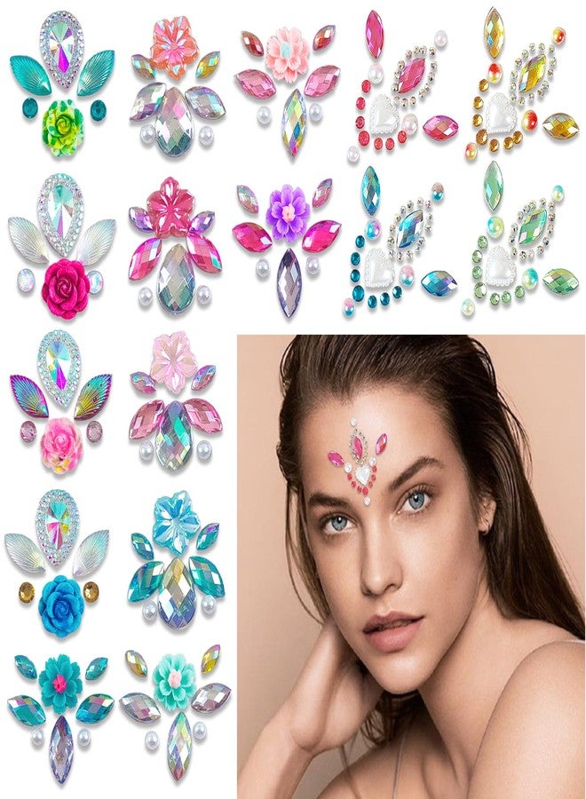 RUSTAMM 16Pcs Face Gems Stickers with Women Girls Diamond Forehead Sticker Rhinestones Pearl Spring Theme Flowers Decoration Festival Party Self-Adhesive DIY Body Art Decals - Image 1