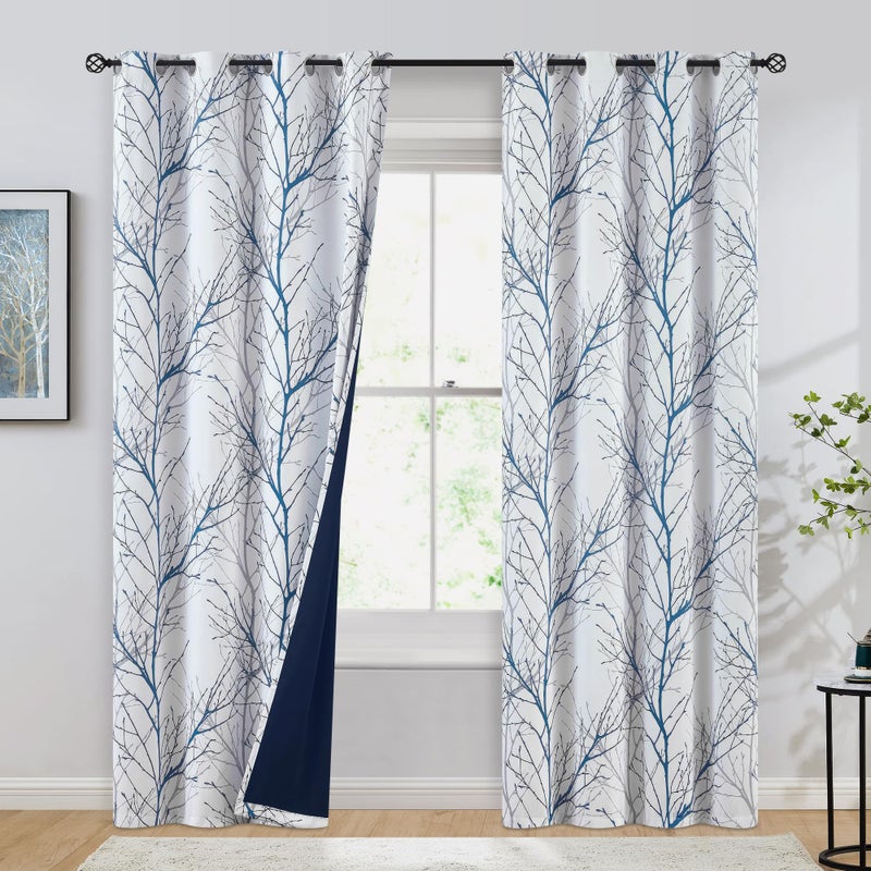 FMFUNCTEX 100% Blackout Curtains for Bedroom, Blue White Tree Curtains 84 Inches Long for Living Room, Grey Farmhouse Room Darkening Window Curtains for Summer Winter 2 Panels Grommet Top - Image 1