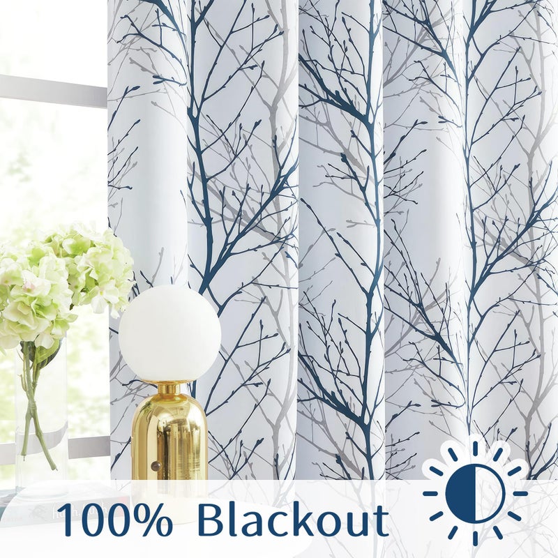 FMFUNCTEX 100% Blackout Curtains for Bedroom, Blue White Tree Curtains 84 Inches Long for Living Room, Grey Farmhouse Room Darkening Window Curtains for Summer Winter 2 Panels Grommet Top - Image 5